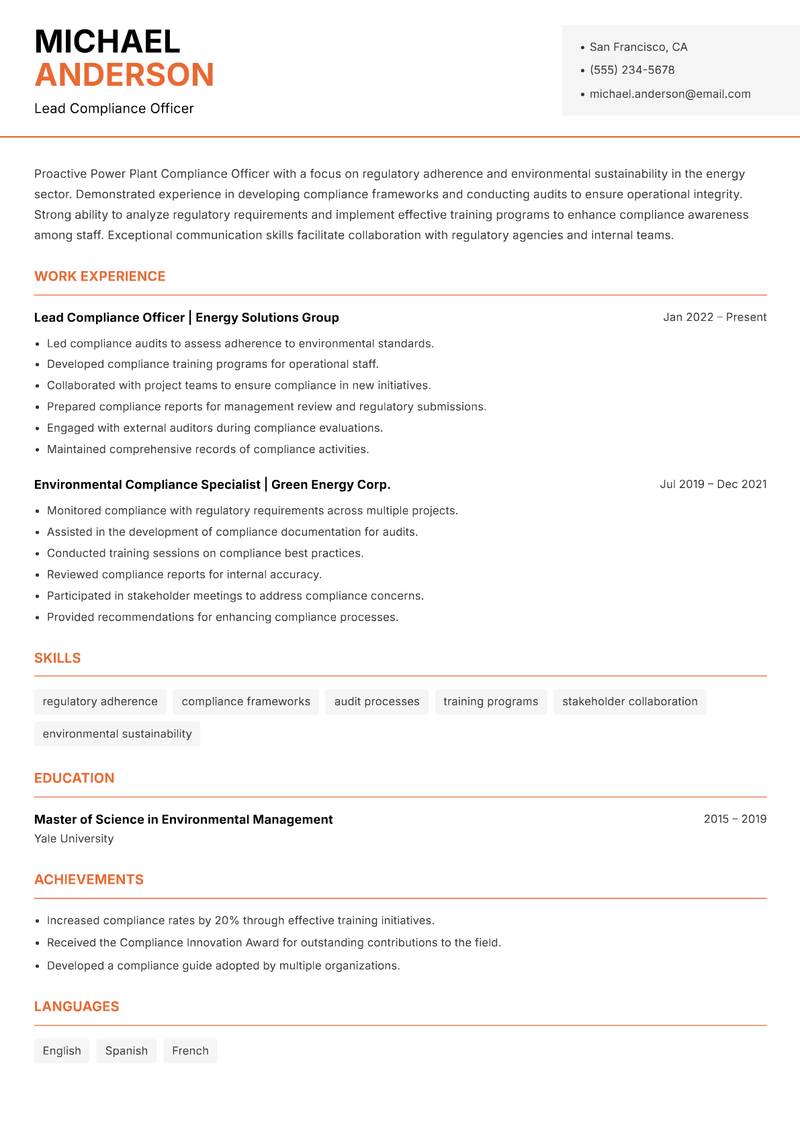 Power Plant Compliance Officer Resume Template
