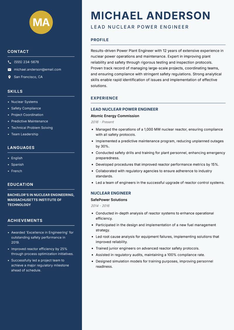 Power Plant Engineer Resume Preview Example