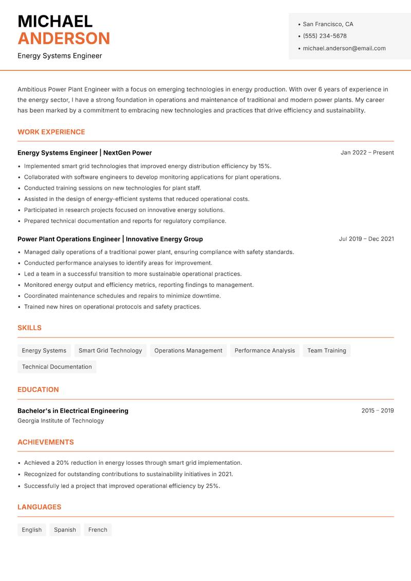 Power Plant Engineer Resume Template