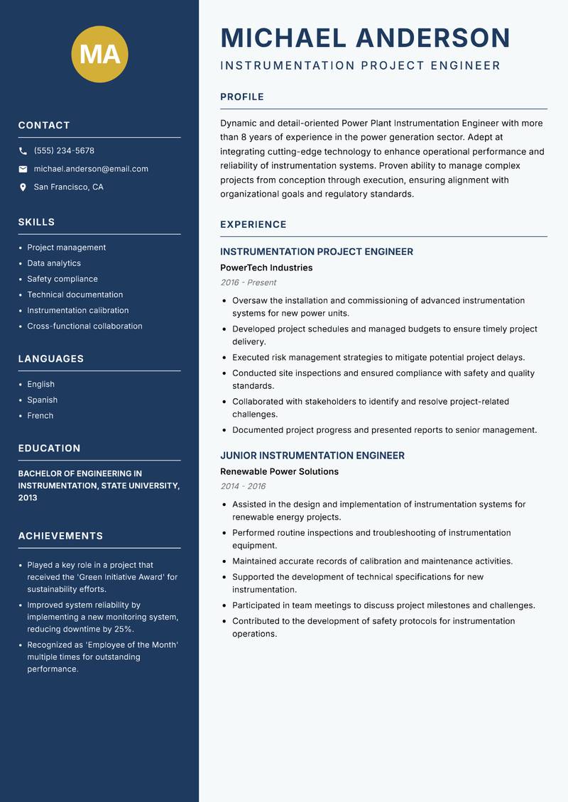 Power Plant Instrumentation Engineer Resume Preview Example