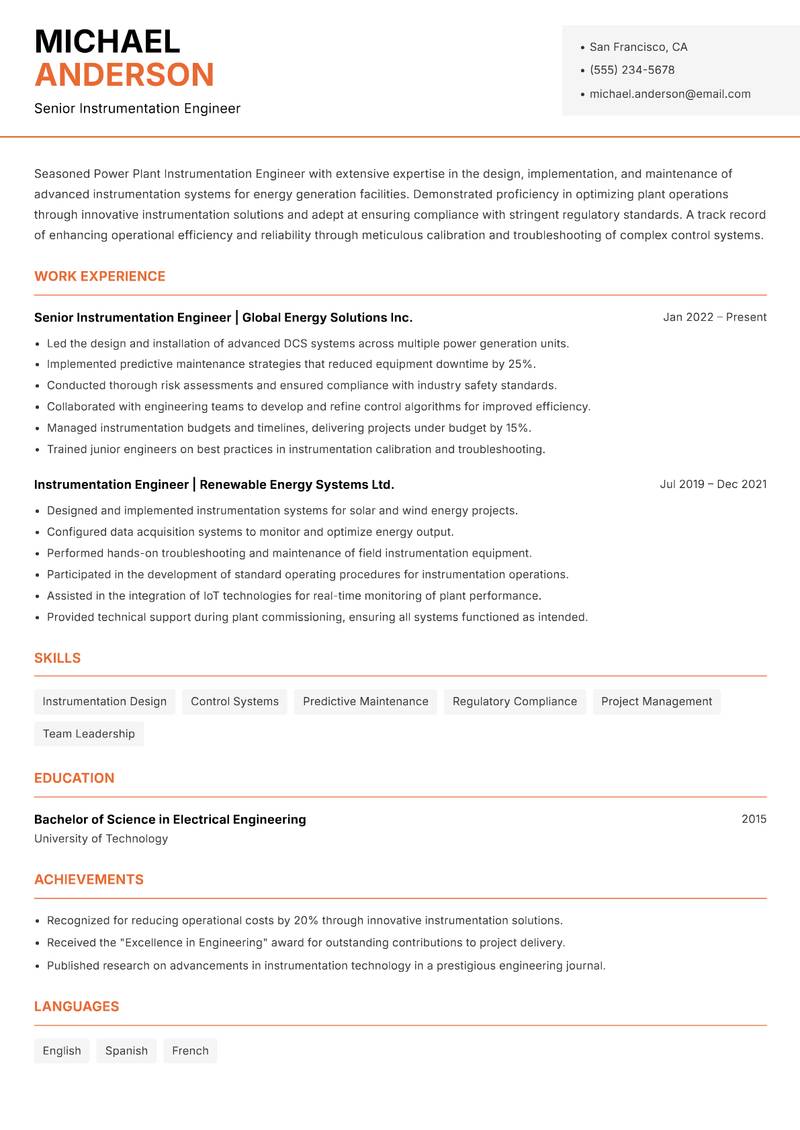 Power Plant Instrumentation Engineer Resume Template