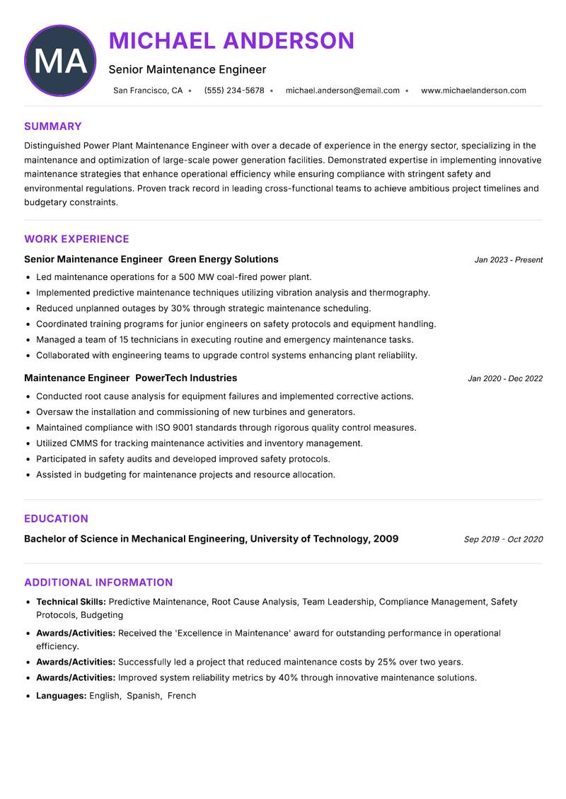 Power Plant Maintenance Engineer Resume Preview Example