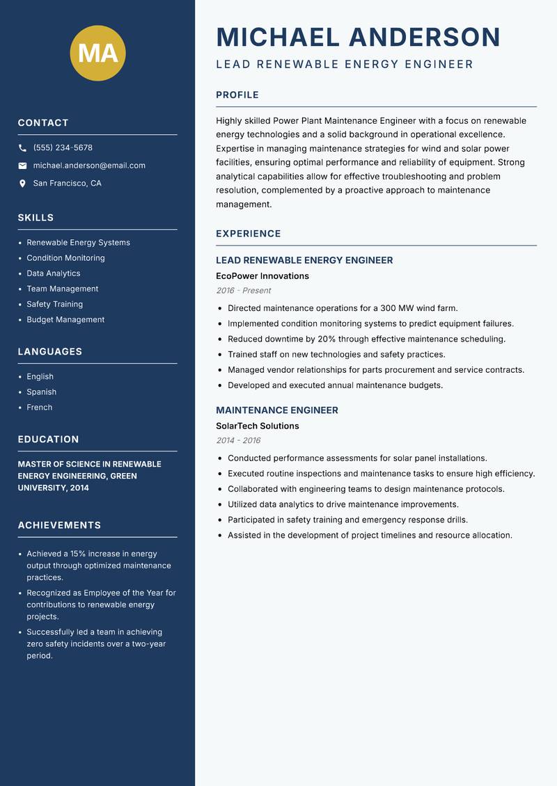 Power Plant Maintenance Engineer Resume Preview Example