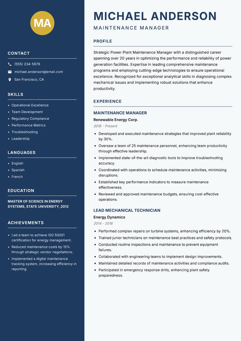 Power Plant Maintenance Manager Resume Preview Example