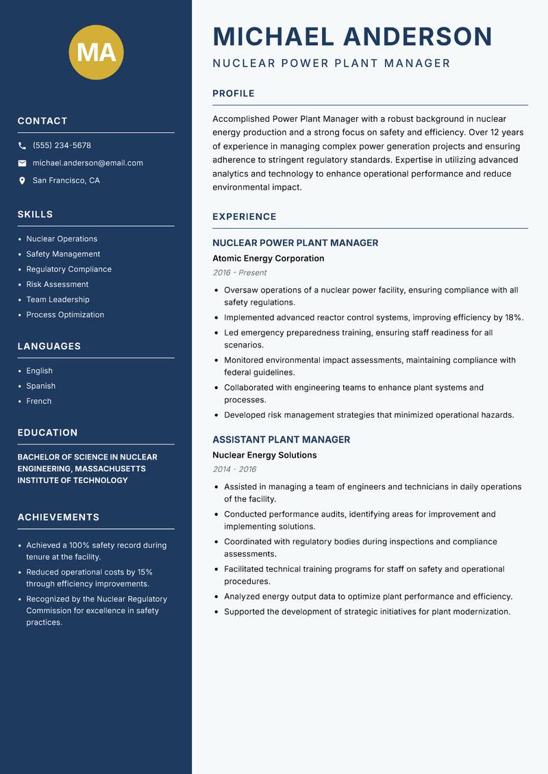 Power Plant Manager Resume Preview Example