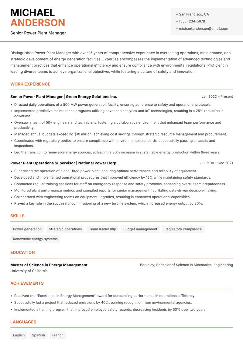 Power Plant Manager Resume Template