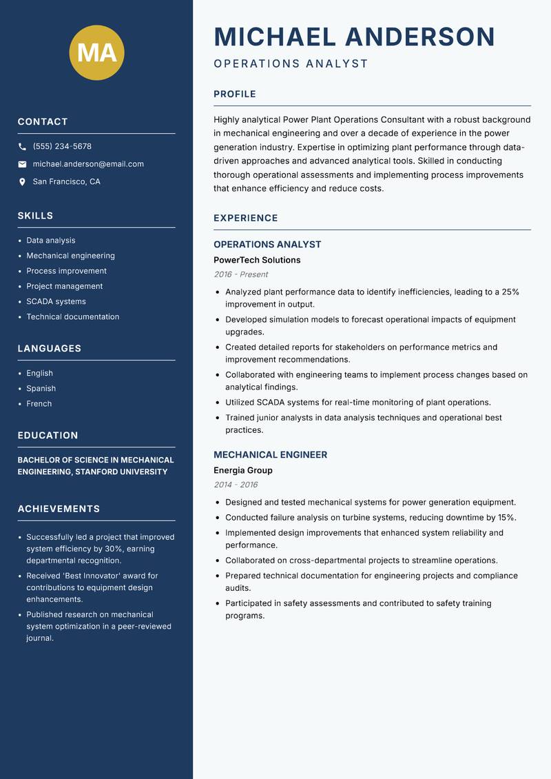 Power Plant Operations Consultant Resume Preview Example