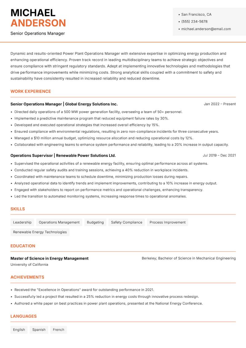 Power Plant Operations Manager Resume Template