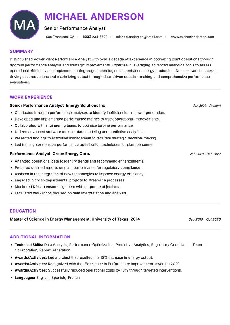 Power Plant Performance Analyst Resume Preview Example