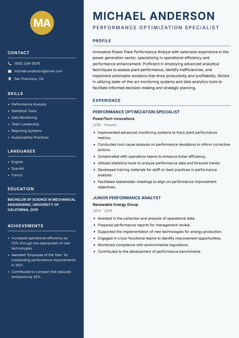 Power Plant Performance Analyst Resume Preview Example