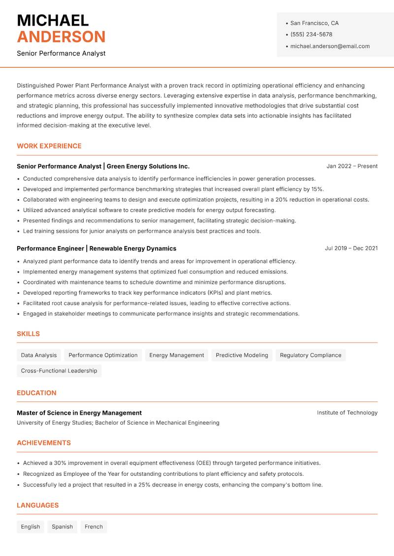 Power Plant Performance Analyst Resume Template