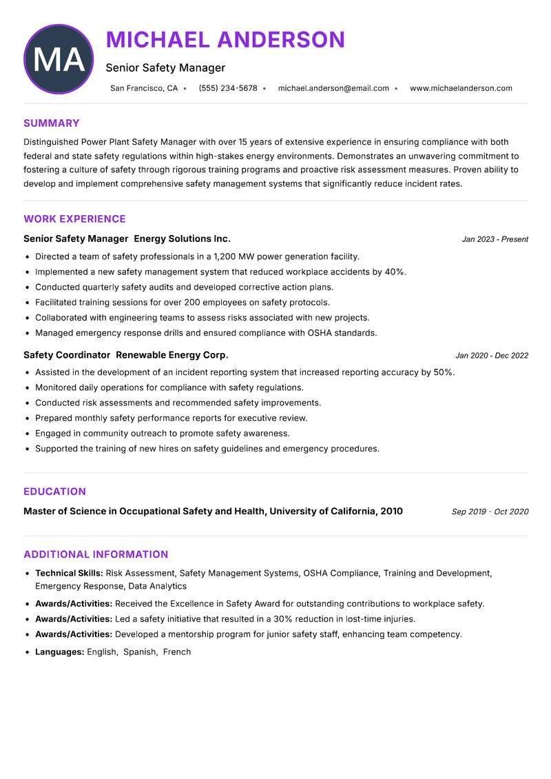 Power Plant Safety Manager Resume Preview Example