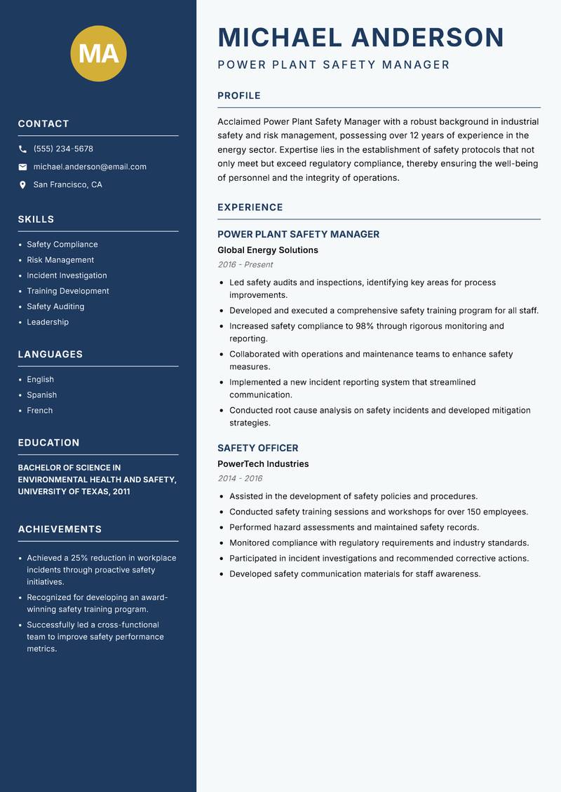 Power Plant Safety Manager Resume Preview Example