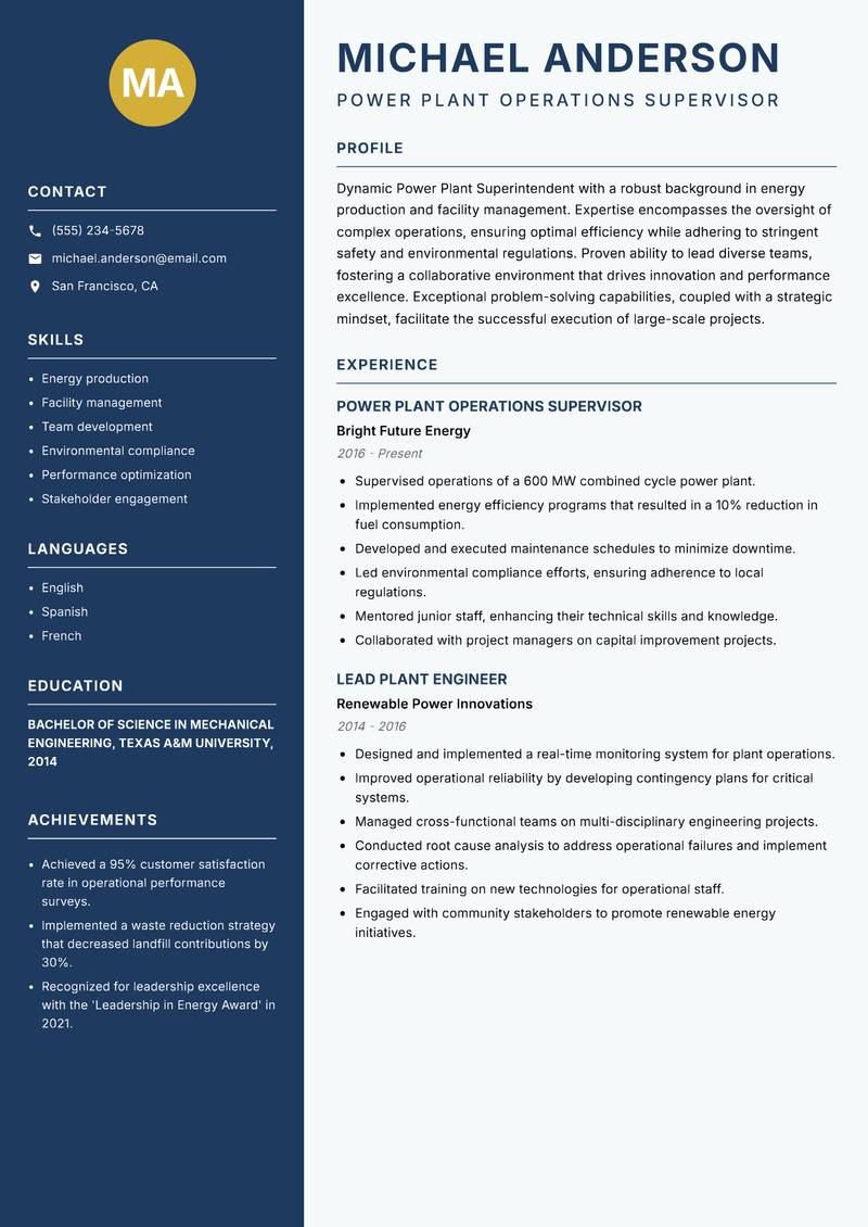 Power Plant Superintendent Resume Preview Example