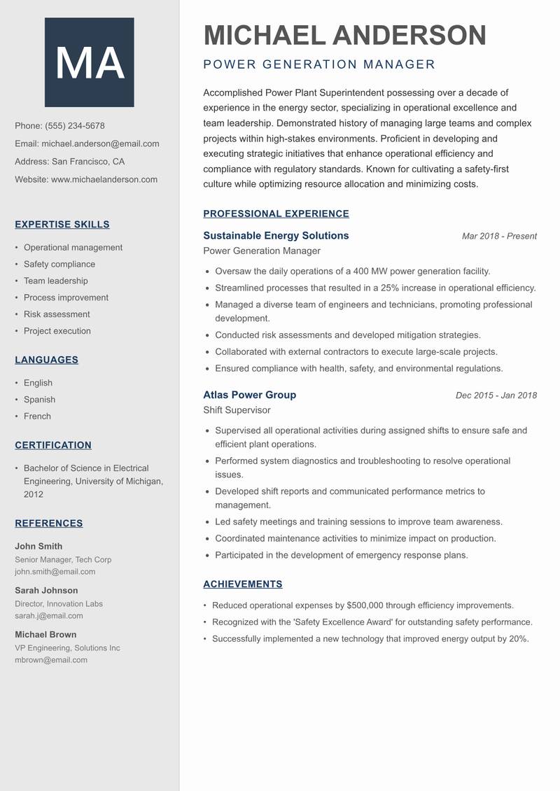 Power Plant Superintendent Resume Preview Example