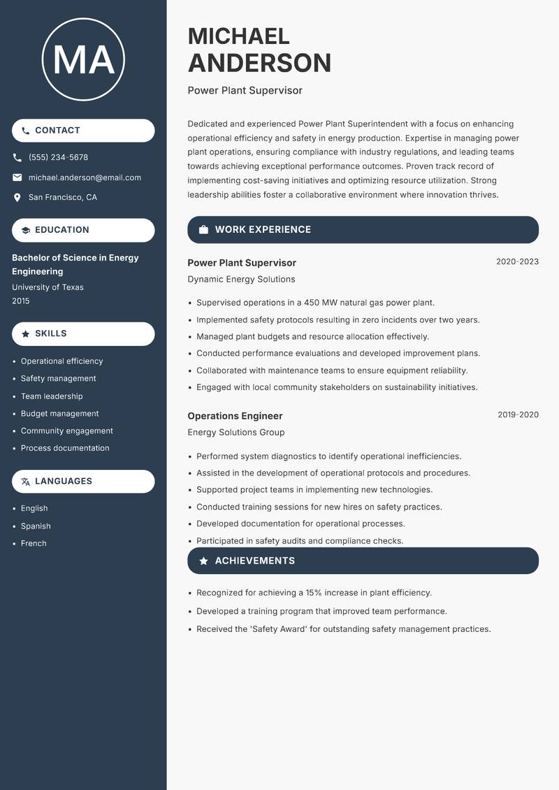 Power Plant Superintendent Resume Preview Example