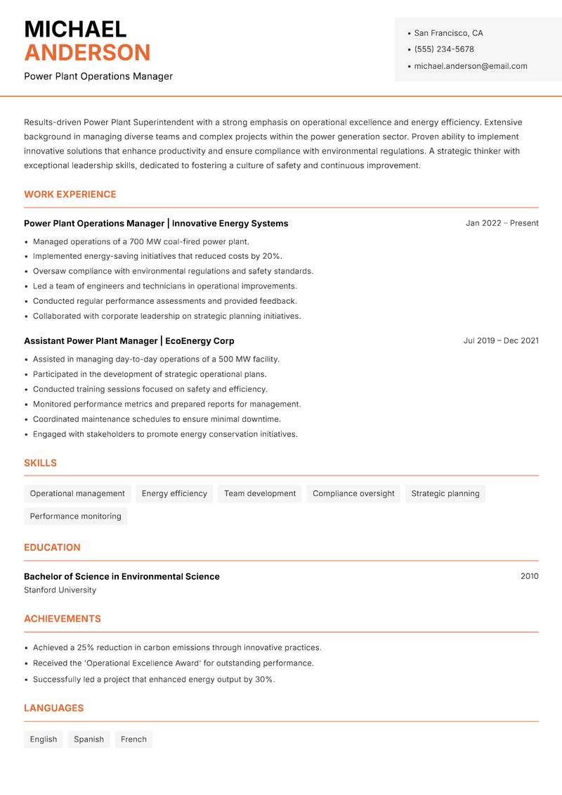 Power Plant Superintendent Resume Template