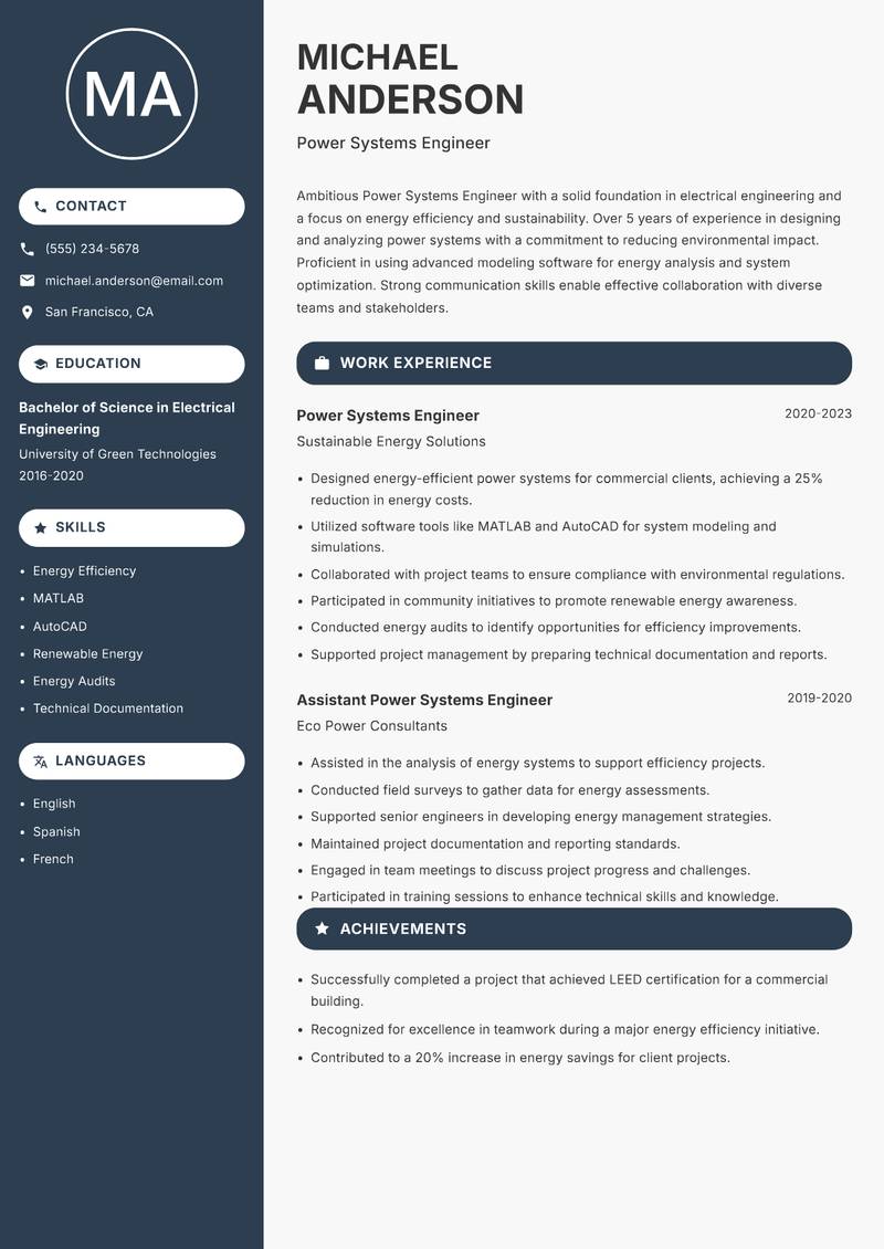 Power Systems Engineer Resume Preview Example