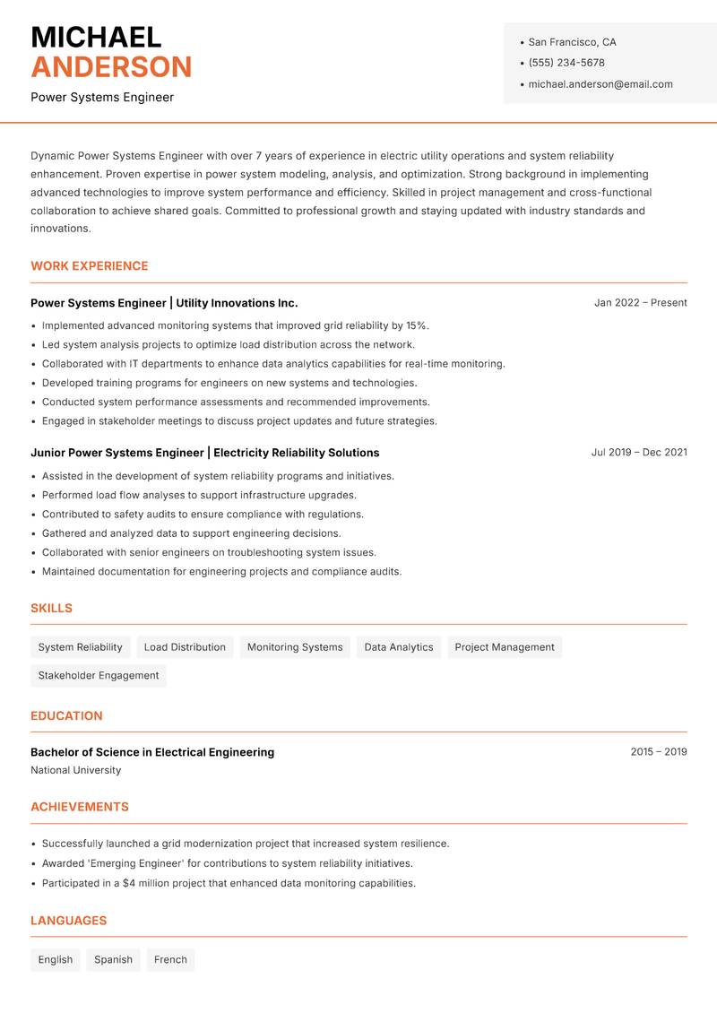 Power Systems Engineer Resume Template
