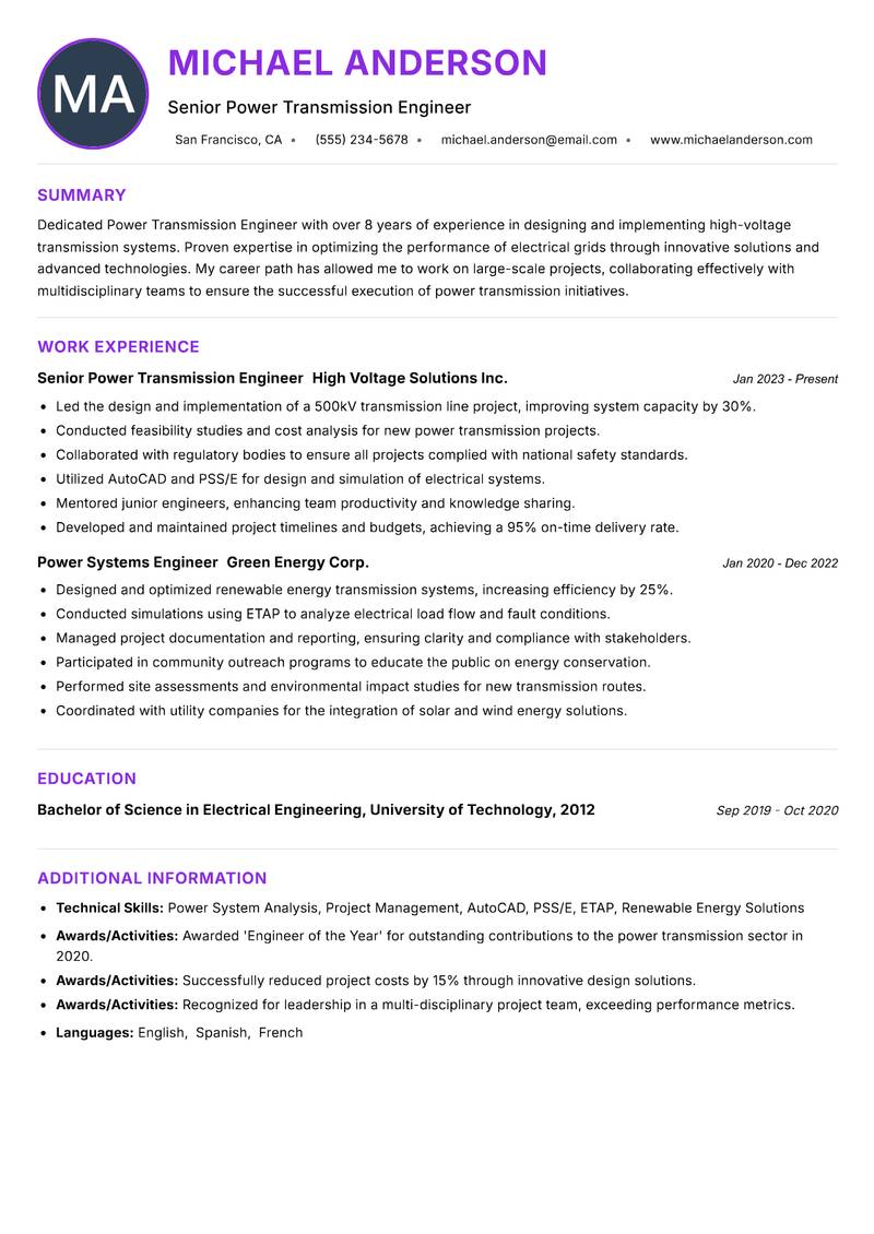Power Transmission Engineer Resume Preview Example
