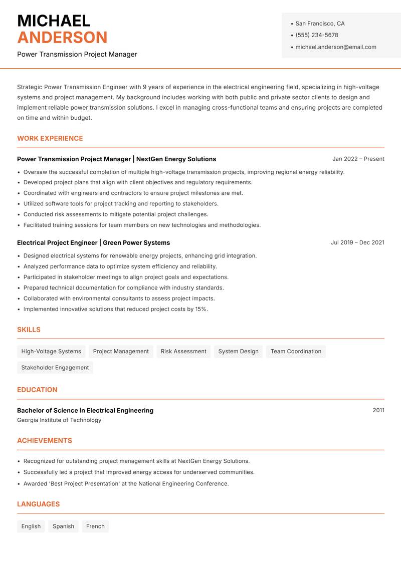 Power Transmission Engineer Resume Template