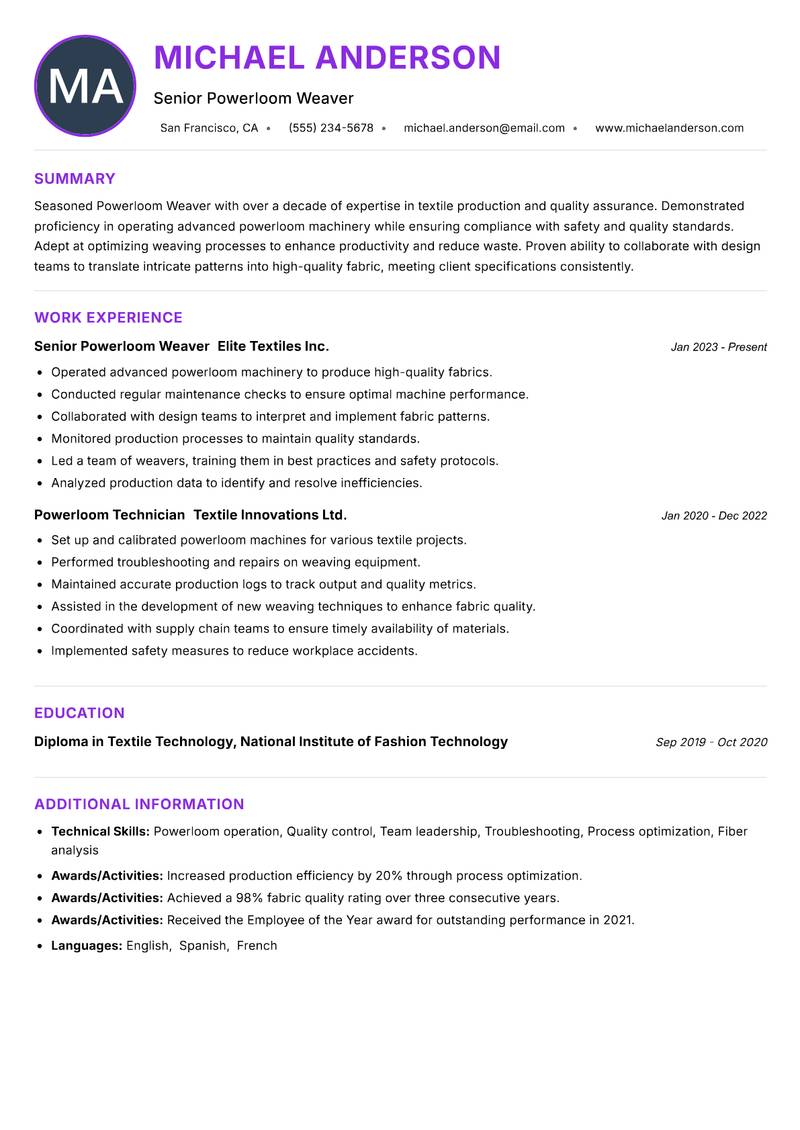 Powerloom Weaver Resume Preview Example