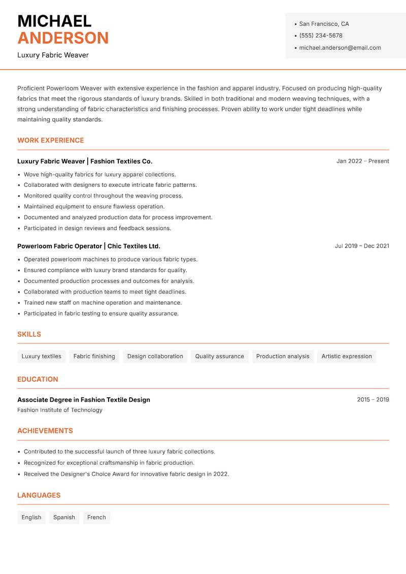 Powerloom Weaver Resume Template
