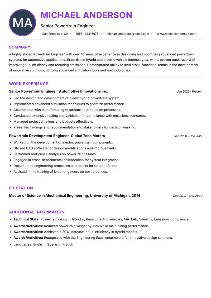 Powertrain Engineer Resume Preview Example