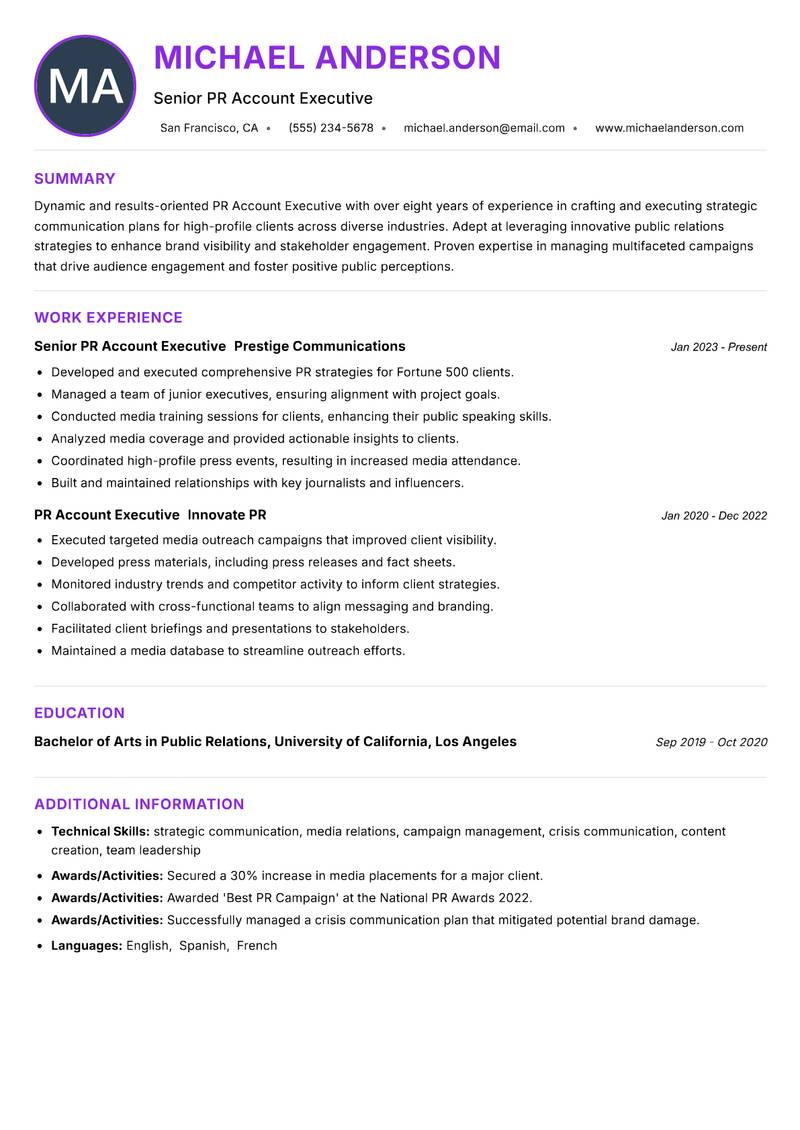 PR Account Executive Resume Preview Example