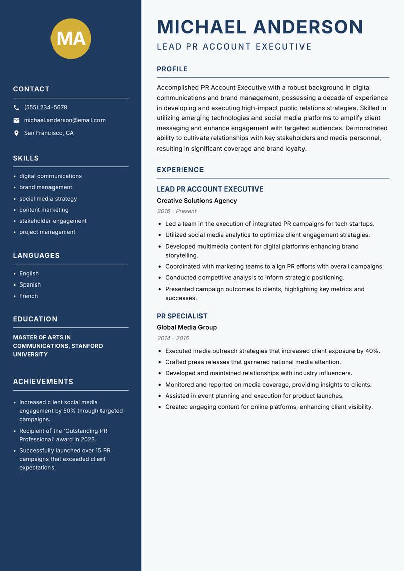 PR Account Executive Resume Preview Example