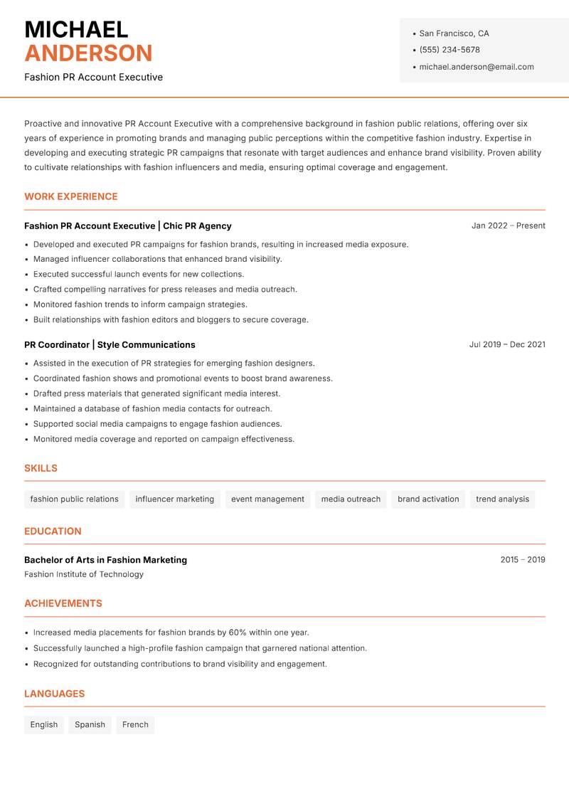 PR Account Executive Resume Template
