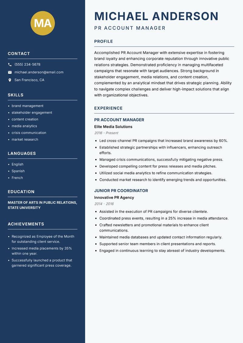 PR Account Manager Resume Preview Example