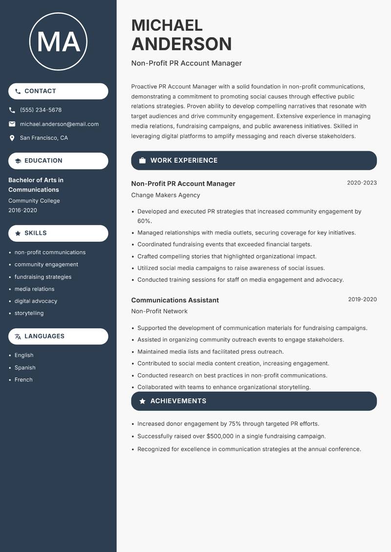 PR Account Manager Resume Preview Example