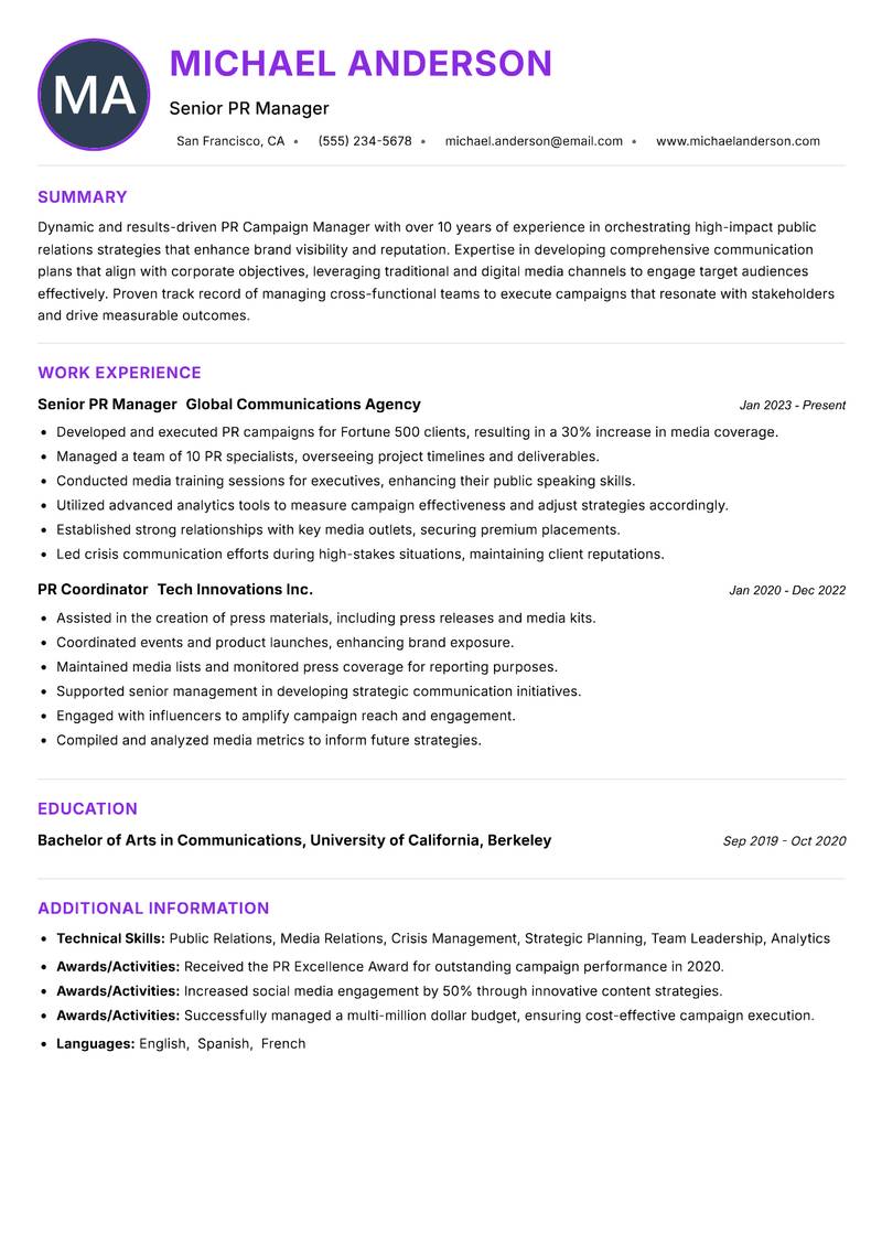 PR Campaign Manager Resume Preview Example