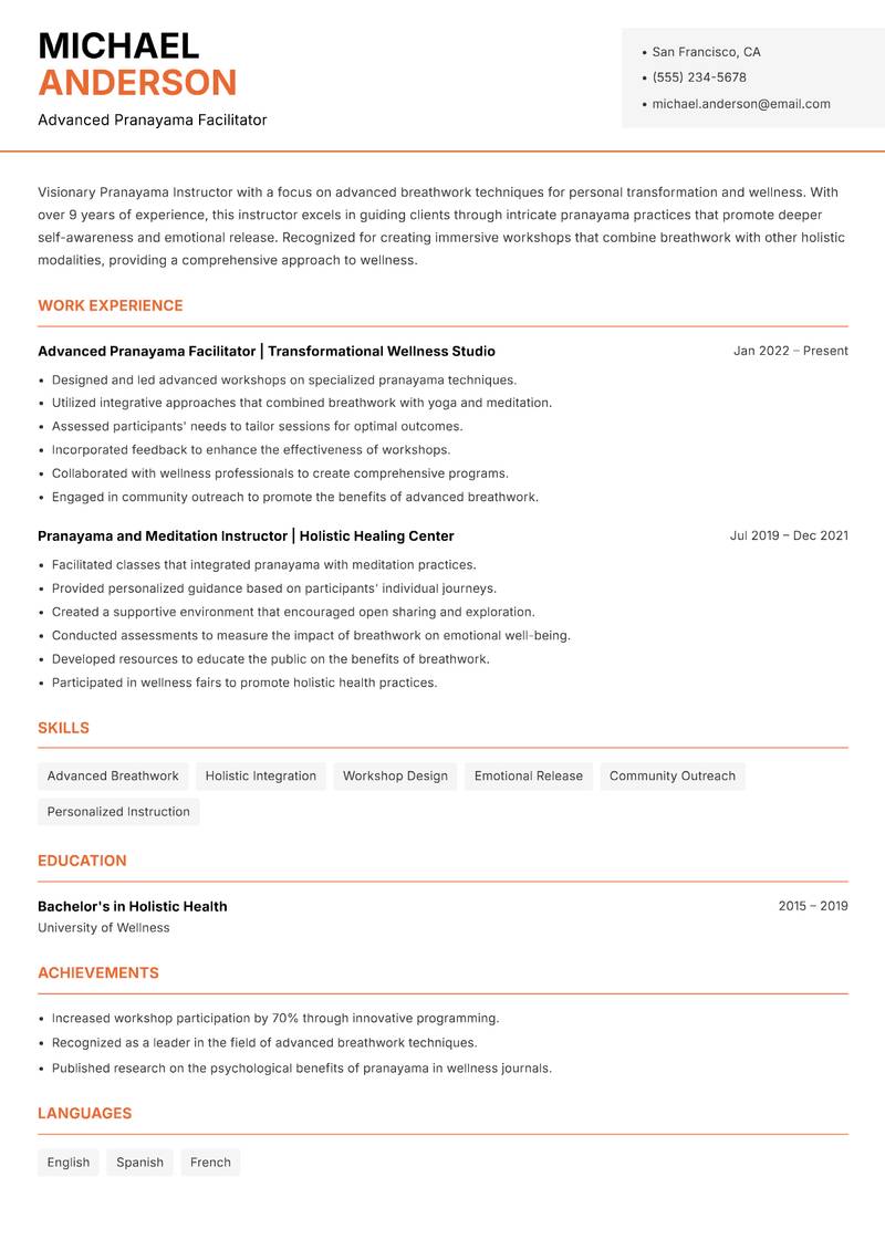 Pranayama Instructor Resume Template