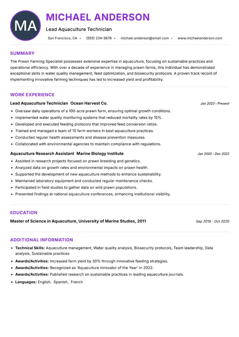 Prawn Farming Specialist Resume Preview Example
