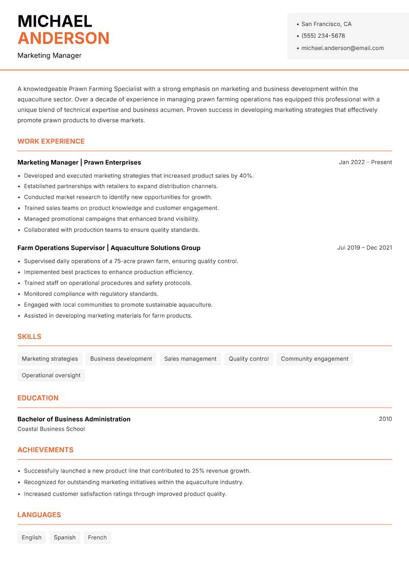 Prawn Farming Specialist Resume Template