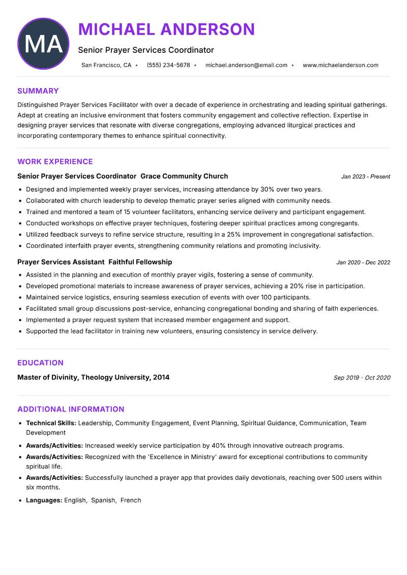 Prayer Services Facilitator Resume Preview Example