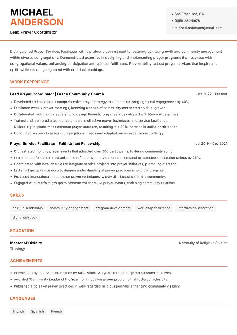 Prayer Services Facilitator Resume Template