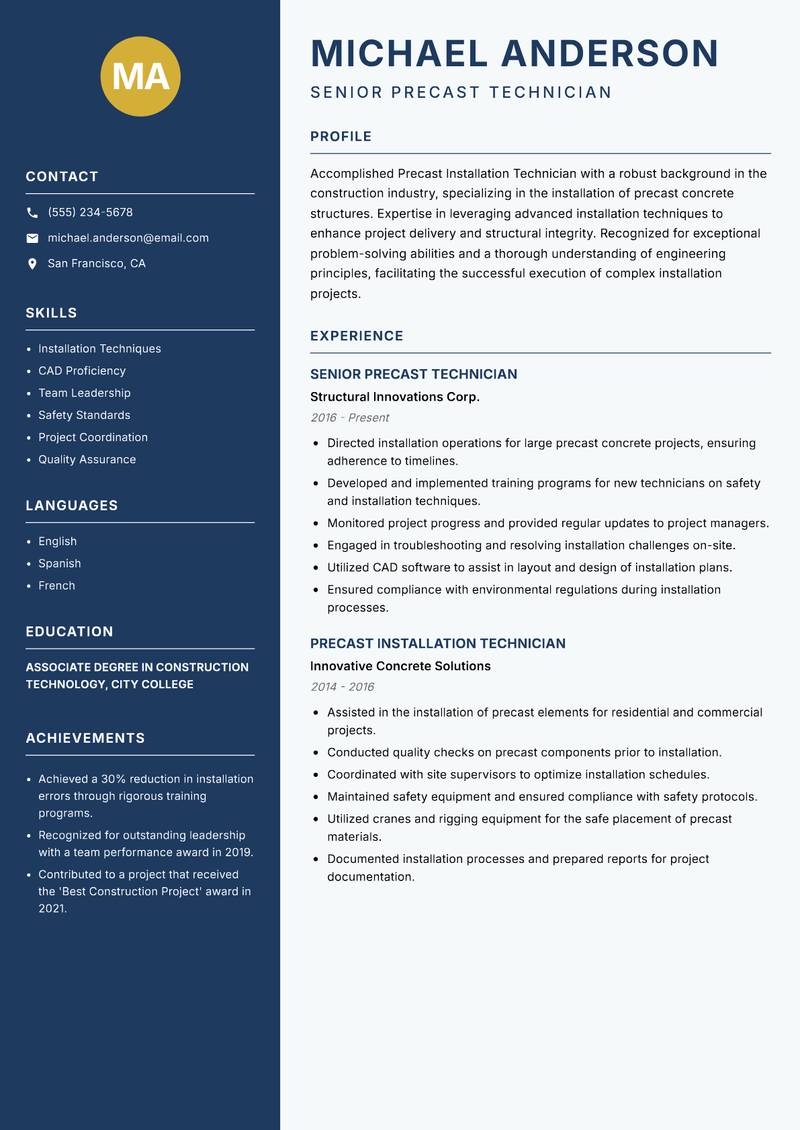 Precast Installation Technician Resume Preview Example