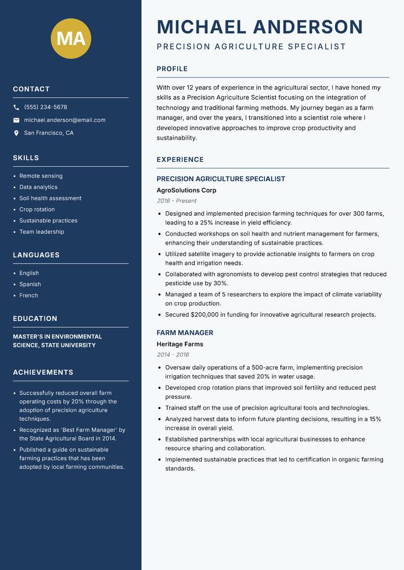 Precision Agriculture Scientist Resume Preview Example