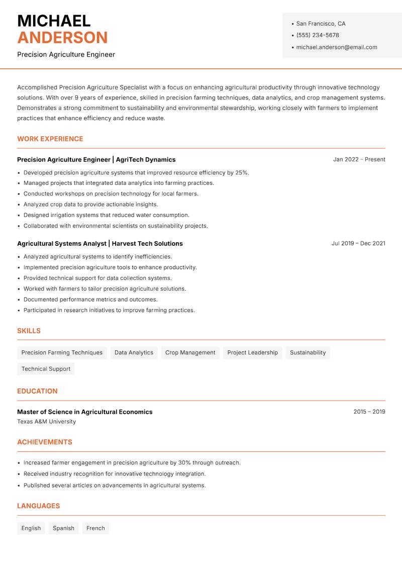 Precision Agriculture Specialist Resume Template