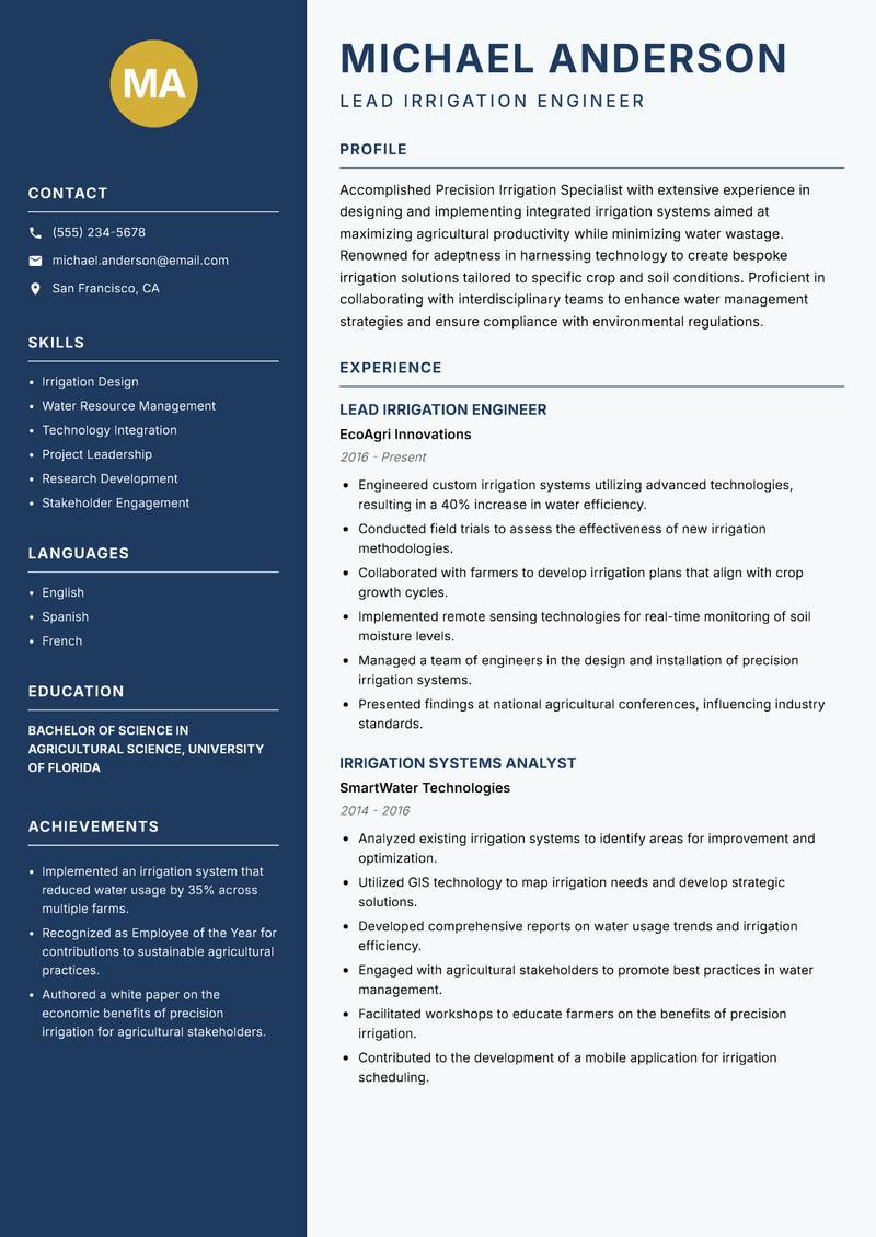 Precision Irrigation Specialist Resume Preview Example