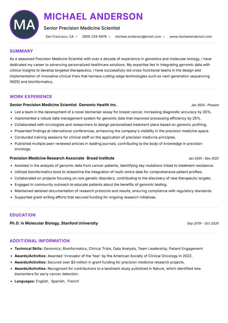 Precision Medicine Scientist Resume Preview Example