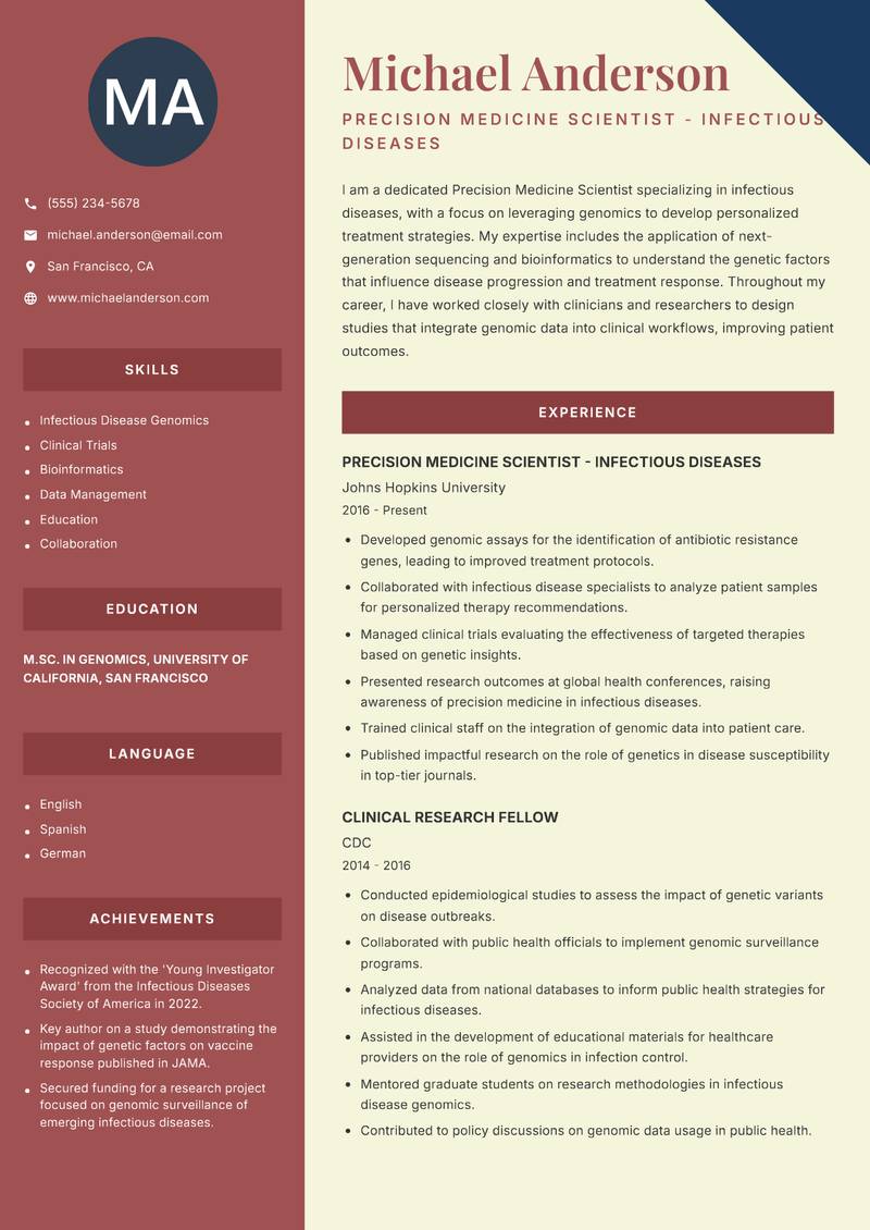 Precision Medicine Scientist Resume Preview Example