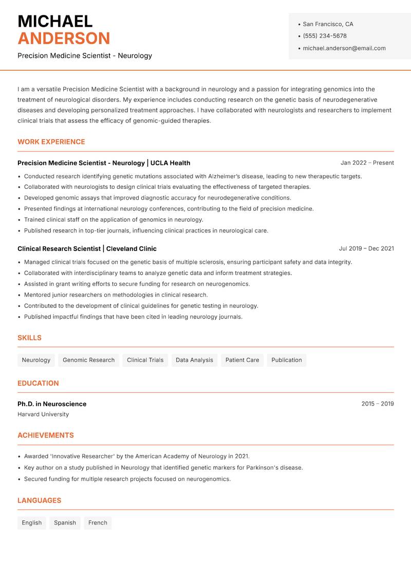Precision Medicine Scientist Resume Template