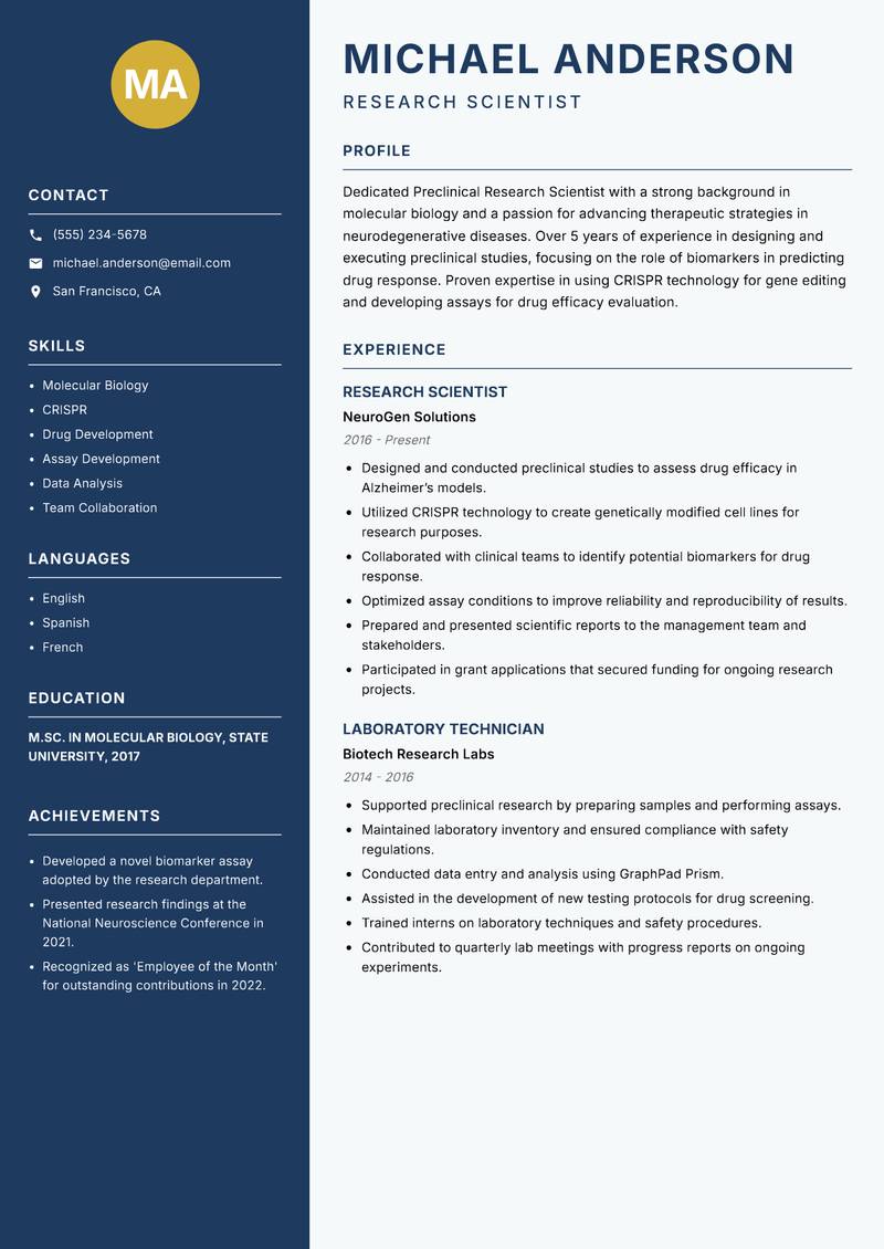 Preclinical Research Scientist Resume Preview Example