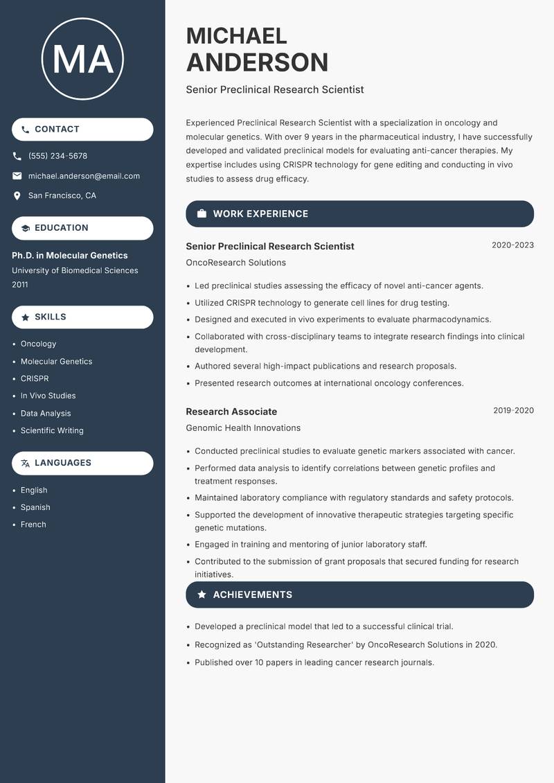 Preclinical Research Scientist Resume Preview Example