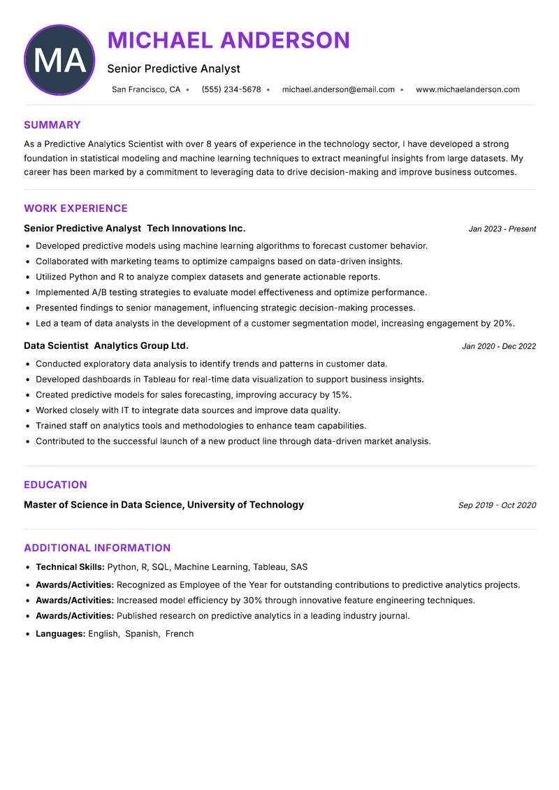 Predictive Analytics Scientist Resume Preview Example