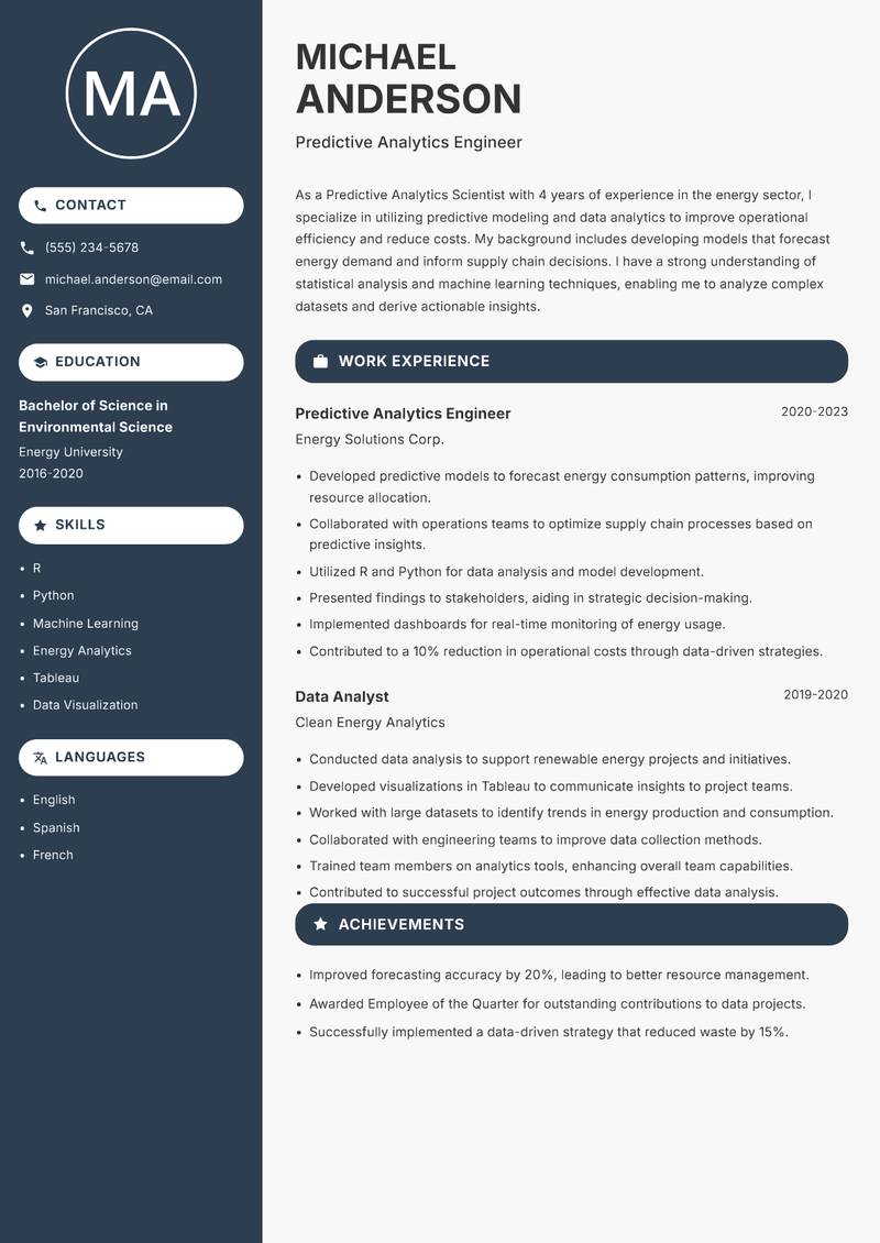 Predictive Analytics Scientist Resume Preview Example